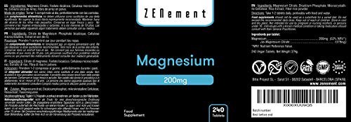 Magnesio 200 mg, 240 Comprimidos | Ayuda a los sistemas psíquico, nervioso, muscular y óseo | Vegano, sin aditivos, sin gluten, No-GMO, GMP | de Zenement