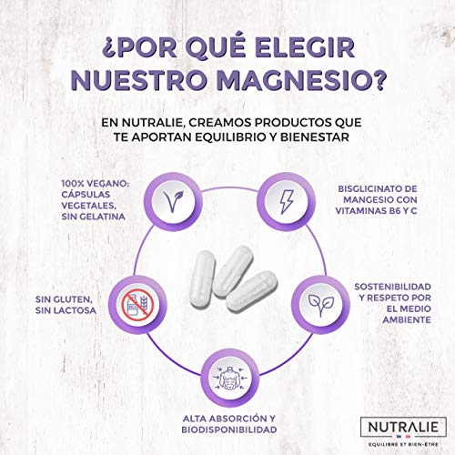 Magnesio con Vitaminas B5, B6 y C | Bisglicinato y Citrato de Magnesio 100% Biodisponible | 120 Cápsulas de 715 mg | Nutralie