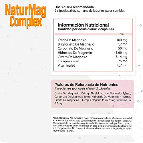 Magnesio Puro + Colágeno + Vitamina B6 | Elimina los Dolores Musculares y La Fatiga | 5 Sales de Magnesio Puras y Bioasimiladas | Optimiza tu Sistema Nervioso | Recupera tu Vitalidad | 100 Cápsulas.