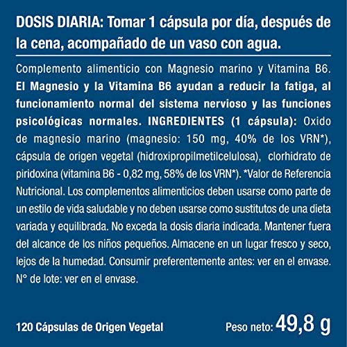 Magnesio y Vitamina B6 Cansancio Fatiga Alivio de Calambres Magnesio Marino Potente Suplemento Articulaciones Cartílagos Huesos Piel Energia Deportistas Dosis 300mg Fabricado Francia Tratamiento 4 Meses