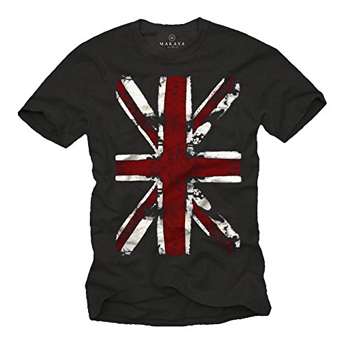 MAKAYA Camiseta con Bandera de Inglaterra - Union Jack - Negra Hombre L