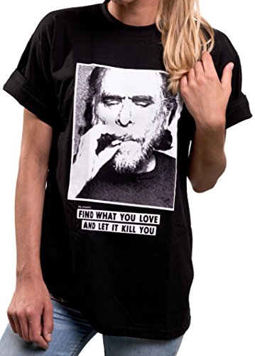 MAKAYA Oversize Top Estampado Manga Corta - Bukowski - Mensaje Encuentra lo Que amas y Deja Que te Mate - Camiseta para Mujer Negro L