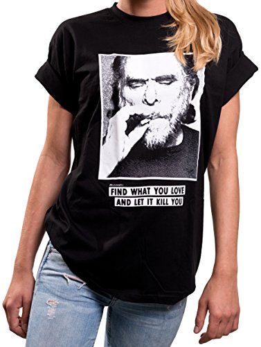 MAKAYA Oversize Top Estampado Manga Corta - Bukowski - Mensaje Encuentra lo Que amas y Deja Que te Mate - Camiseta para Mujer Negro L