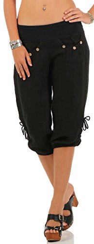 Malito Pantalones de Chándal Lino y con Botón de diseño de Madera 6302 Mujer (L, Negro)