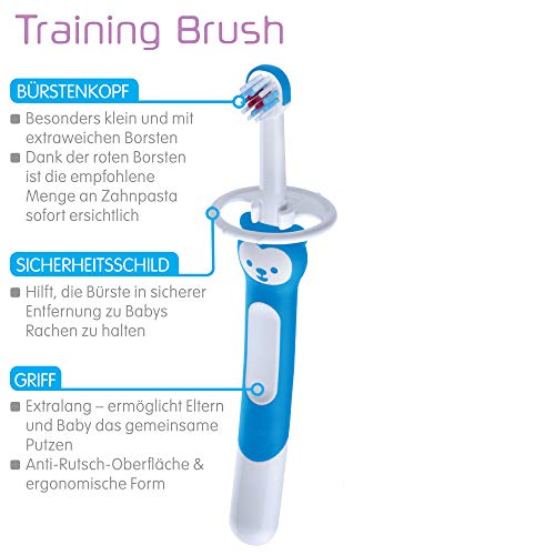 MAM Training Brush, Baby - Cepillo de dientes con mango largo para sostener juntos, cepillo de dientes para niños para suave limpieza dental, a partir de 5 meses, color azul