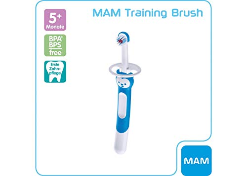 MAM Training Brush, Baby - Cepillo de dientes con mango largo para sostener juntos, cepillo de dientes para niños para suave limpieza dental, a partir de 5 meses, color azul