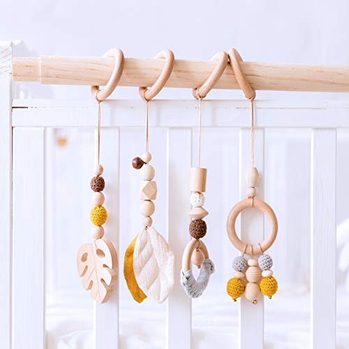 Mamimami Home 4pc Anillo de Madera Baby Teether Activity Juego de Enfermería Gimnasio Sonajero Colgante Juguete Regalo Recién Nacido + Juego Blanco Gimnasio