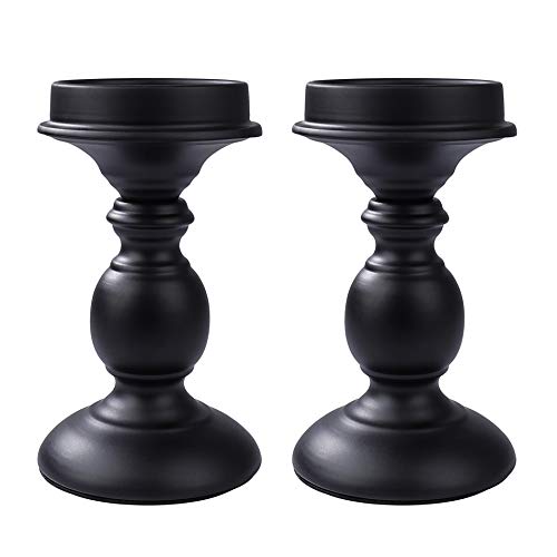 MaoXinTek Pilar Candelabro Portavelas Sostenedor de Hierro Tallado Retro, Decoración para Mesa Bodas Parte y Cenas Centros, San Valentín, Navidad, Halloween (Negro, 2 Piezas)