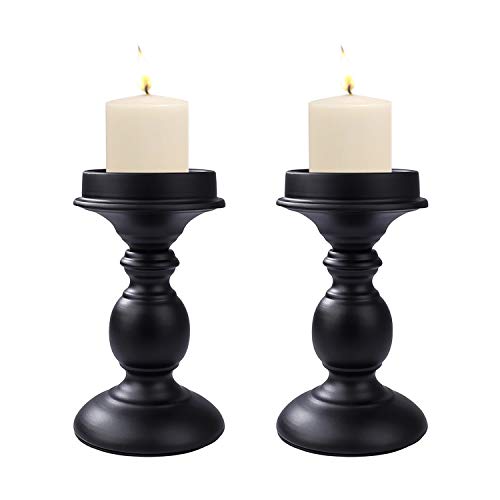 MaoXinTek Pilar Candelabro Portavelas Sostenedor de Hierro Tallado Retro, Decoración para Mesa Bodas Parte y Cenas Centros, San Valentín, Navidad, Halloween (Negro, 2 Piezas)