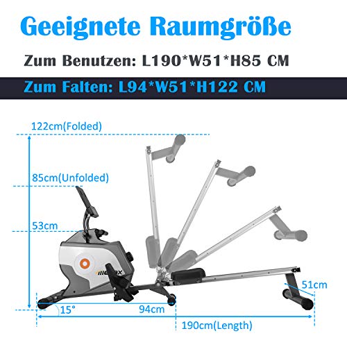 Máquina de remo para uso doméstico, máquinas de remo magnéticas, plegable, interior 120 kg, con sistema de sujeción magnética, monitor LED, peso de 4 kg y 8 niveles