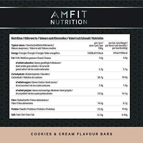 Marca Amazon- Amfit Nutrition Barra de proteína baja en azúcar (19,6gr proteina - 1,4gr azúcar) - Cookies & Cream - Pack de 12 (12x60g)