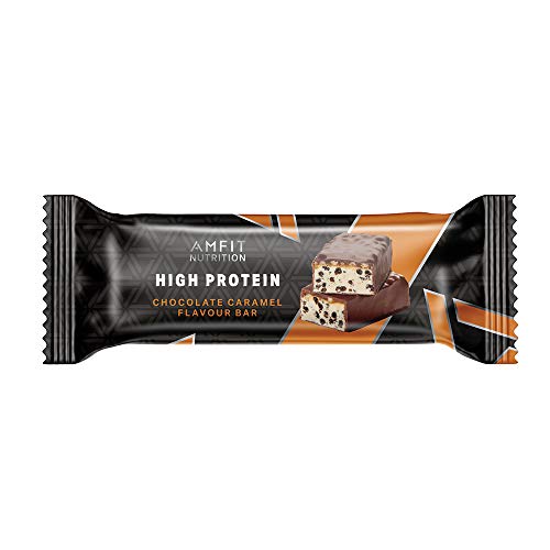 Marca Amazon- Amfit Nutrition Barra de proteína baja en azúcar (19,6gr proteina - 1,6gr azúcar) - chocolate y caramelo - Pack de 12 (12x60g)