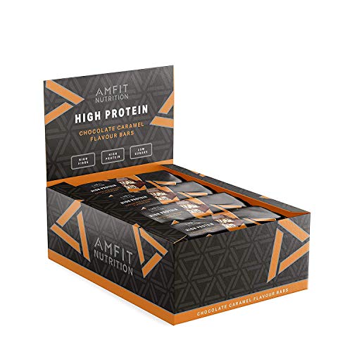 Marca Amazon- Amfit Nutrition Barra de proteína baja en azúcar (19,6gr proteina - 1,6gr azúcar) - chocolate y caramelo - Pack de 12 (12x60g)