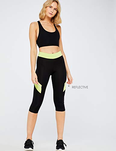 Marca Amazon - AURIQUE Contrast Panels BAL004, Mallas de entrenamiento Mujer, Multicolor (Black/Lime), 10 (Manufacturer size: Small)