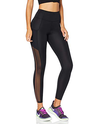 Marca Amazon - AURIQUE Mallas de Deporte de Tiro Alto con Banda Lateral Mujer, Negro (Black/Geranium), 44, Label:XL