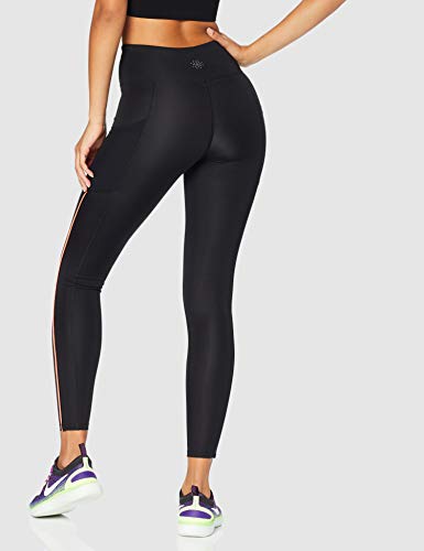 Marca Amazon - AURIQUE Mallas de Deporte de Tiro Alto con Banda Lateral Mujer, Negro (Black/Geranium), 44, Label:XL