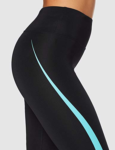 Marca Amazon - AURIQUE Mallas de Deporte Tiro Alto Mujer, Negro (Black/Turquoise), 38, Label:S