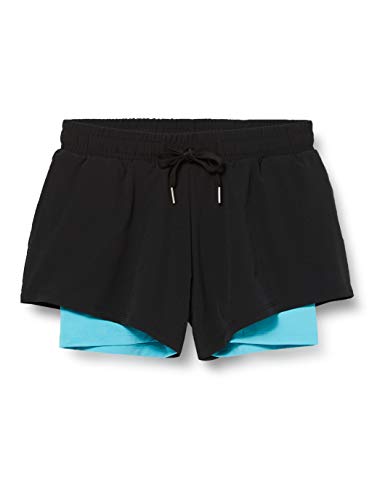 Marca Amazon - AURIQUE Shorts para Correr con Doble Capa Mujer, Negro (negro/azul Maui)., 42, Label:L
