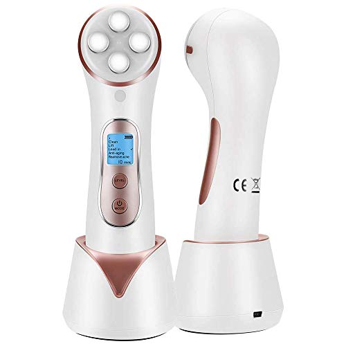 Masajeador Facial Radiofrecuencia, MANLI Aparato de Belleza Ultrasonido con 5 Modos de Terapia de Luz LED, EMS, Rejuvenecimiento, Antiacné, Limpieza Profunda