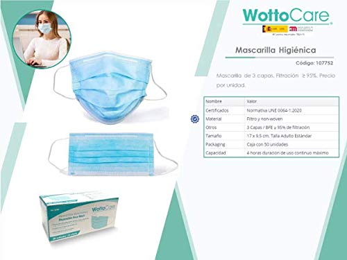 Mascarilla Higienica WottoCare, 50 uds/caja, 3 Capas/BFE ≥ 95% Mascarilla Facial de Filtración Material Filtro y non-woven, Mascara Certificada/Homologada