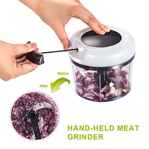 Masthome Picadora Manual con Cuerda,Cortador de Verduras,Trituradora de Alimentos,con 5 Cuchillas de Acero Inoxidable,para Carne,Hierbas,Cebolla,Ajo,Ensalada,Verduras,870ml