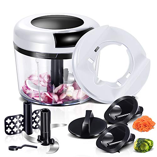 Masthome Picadora Manual con Cuerda,Cortador de Verduras,Trituradora de Alimentos,con 5 Cuchillas de Acero Inoxidable,para Carne,Hierbas,Cebolla,Ajo,Ensalada,Verduras,870ml