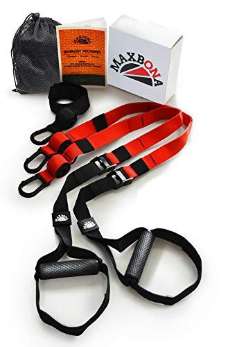 MAXBONA Trainer Kit de Entrenamiento en suspensión – Correas de suspensión para Gimnasio & Fitness en Interiores y Aire Libre – Compacta Sistema de Entrenamiento en Casa – Home Gym Ligero y Robusta