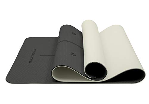 MAXYOGA® Esterilla Yoga con Sistema de Alineación Grabadas a Láser. Tamaño Grande 183cm x 66cm x 6mm. Colchoneta Yoga Mat Antideslizante y Ligera de Material Ecológico TPE. Negro/Gris