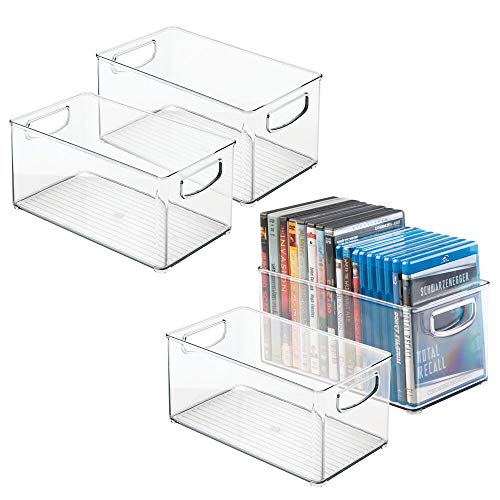 mDesign Cajas de almacenaje para CDs – Pack de 4 archivadores apilables para DVD, CDs o videojuegos – Porta CD transparente con asas