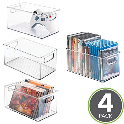 mDesign Cajas de almacenaje para CDs – Pack de 4 archivadores apilables para DVD, CDs o videojuegos – Porta CD transparente con asas