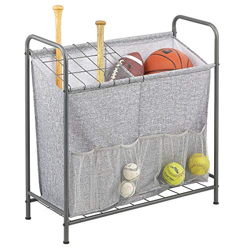 mDesign Cesto de Almacenamiento para Material Deportivo – Práctico cesto Organizador con Bolsillos para Pelotas, frisbees, esterillas, etc. – También Ideal como cesto para Juguetes – Gris Oscuro/Gris