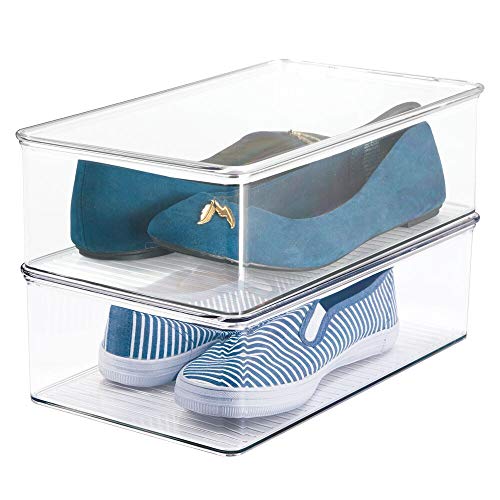 mDesign Juego de 2 cajas para zapatos apilables con tapadera – Práctica caja de zapatos de plástico – Organizador de zapatos ideal para sandalias, zapatillas de deporte, etc. – transparente