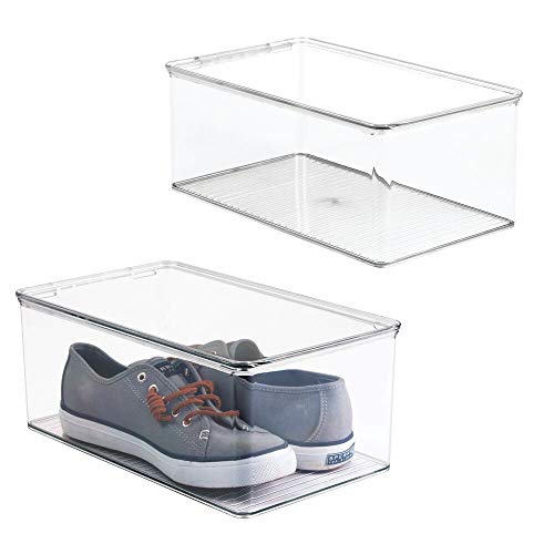 mDesign Juego de 2 cajas para zapatos apilables con tapadera – Práctica caja de zapatos de plástico – Organizador de zapatos ideal para sandalias, zapatillas de deporte, etc. – transparente