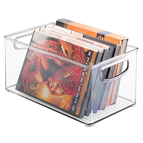 mDesign Porta DVD, CD y videojuegos – Sistema de almacenaje de películas, series, música o juegos de consola – Cajas para DVD de plástico transparente – 25,4 cm x 15,25 cm x 12,7 cm