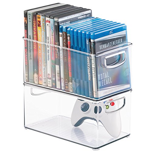 mDesign Porta DVD, CD y videojuegos – Sistema de almacenaje de películas, series, música o juegos de consola – Cajas para DVD de plástico transparente – 25,4 cm x 15,25 cm x 12,7 cm