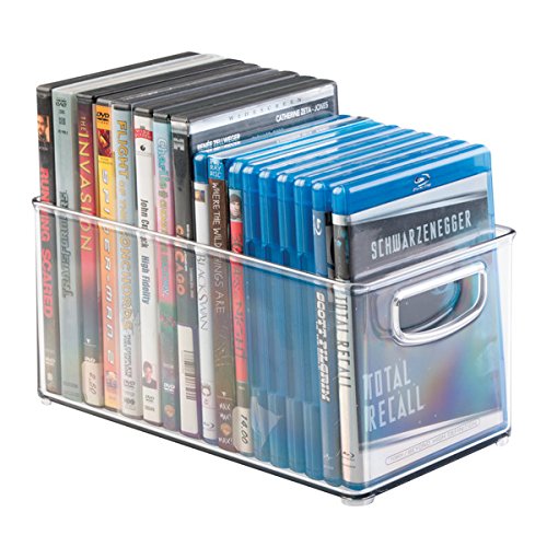 mDesign Porta DVD, CD y videojuegos – Sistema de almacenaje de películas, series, música o juegos de consola – Cajas para DVD de plástico transparente – 25,4 cm x 15,25 cm x 12,7 cm