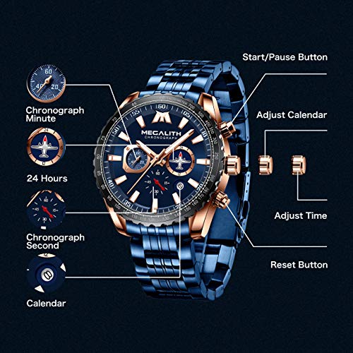 MEGALITH Relojes Hombre Relojes Grandes de Pulsera Deportivos Cronografo Elegante Azul Acero Inoxidable Reloj Hombres Militar Impermeable Negro Diseño Analogico