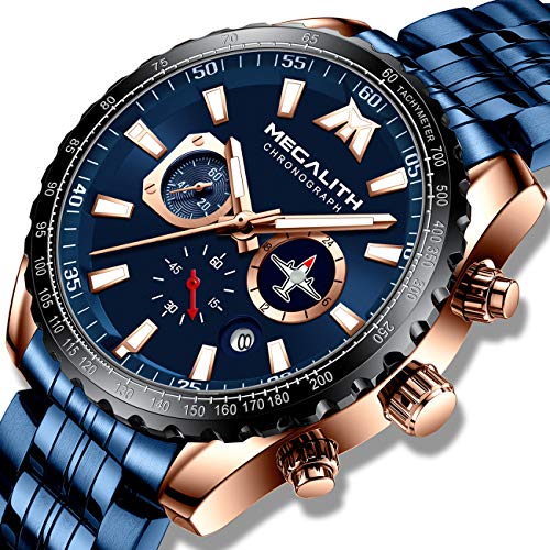 MEGALITH Relojes Hombre Relojes Grandes de Pulsera Deportivos Cronografo Elegante Azul Acero Inoxidable Reloj Hombres Militar Impermeable Negro Diseño Analogico