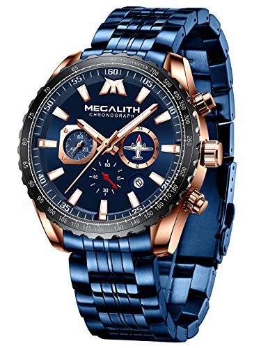 MEGALITH Relojes Hombre Relojes Grandes de Pulsera Deportivos Cronografo Elegante Azul Acero Inoxidable Reloj Hombres Militar Impermeable Negro Diseño Analogico