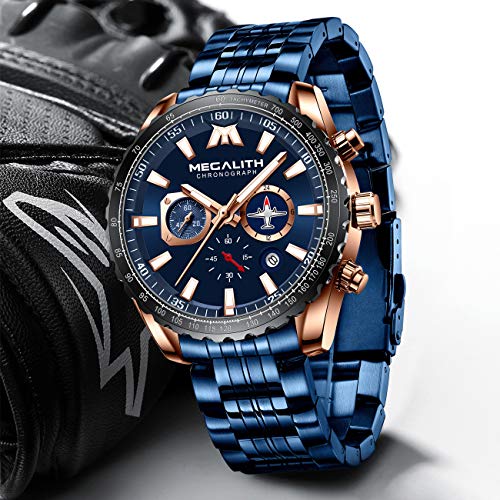 MEGALITH Relojes Hombre Relojes Grandes de Pulsera Deportivos Cronografo Elegante Azul Acero Inoxidable Reloj Hombres Militar Impermeable Negro Diseño Analogico