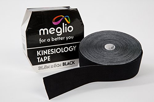 MEGLIO Tape de kinesiología (Vendaje neuromuscular) sin Cortar para Lesiones o inflamación Muscular. Vendas de algodón (31,5m x 5cm sin látex), Resistente al Agua. Rollo Azul (31,5m) (Negro)