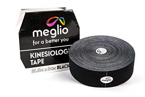 MEGLIO Tape de kinesiología (Vendaje neuromuscular) sin Cortar para Lesiones o inflamación Muscular. Vendas de algodón (31,5m x 5cm sin látex), Resistente al Agua. Rollo Azul (31,5m) (Negro)