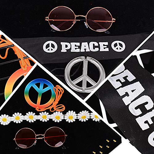 MEJOSER 6pcs Accesorios Disfraz Fiesta Hippie 2pcs Gafas Hippie de Sol 2pcs Colgantes Hippies de la Paz 2pcs Diademas Peace y de Flores Mujer Hombre