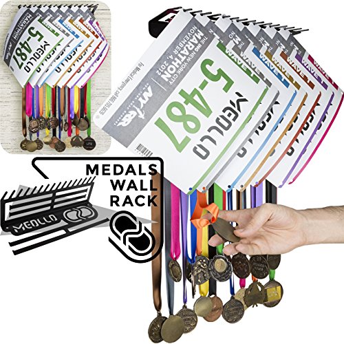 MEOLLO Medallero Colgador de medallas y dorsales (100% Acero) - Fabricado en España (Negro)