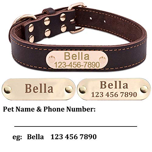 Mihqy Collar de Perro de Cuero Personalizado,Placa de Identificación Grabada con Nombre y número de Teléfono Grabado con láser,Ajustable, Perros pequeños, medianos y Grandes