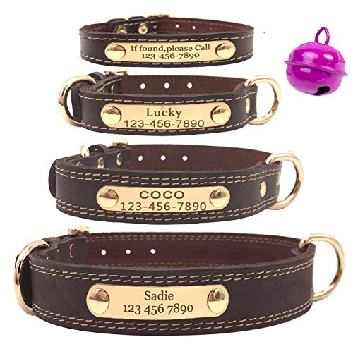 Mihqy Collar de Perro de Cuero Personalizado,Placa de Identificación Grabada con Nombre y número de Teléfono Grabado con láser,Ajustable, Perros pequeños, medianos y Grandes