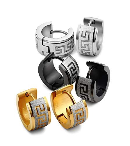 Milacolato 3Pares Acero Inoxidable Hoop Pendientes Aro Hombre Mujer Grabado Griego Pendientes Pequeño Anillo Pendientes Piercing Oreja