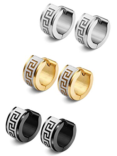 Milacolato 3Pares Acero Inoxidable Hoop Pendientes Aro Hombre Mujer Grabado Griego Pendientes Pequeño Anillo Pendientes Piercing Oreja