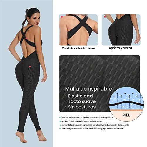 Mimoka Monos Pantalones Deportivos Mujer Elástico y Transpirable | Leggins Mujer Fitness Push up con Tirantes para Yoga GYM Running (L, Azul Oscuro)