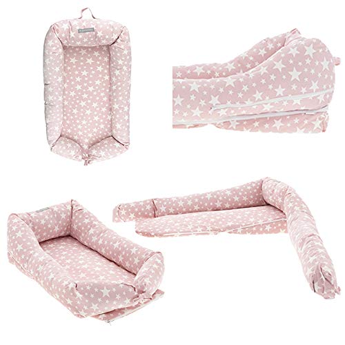 Mimuselina Cuco Nest Reductor | Cama Nido Desenfundable, Minicuna Portátil Colcheo, Reductor de Cuna, Chichonera, Cojín de Lactancia, Impermeable, Estampado Estrellas Rosa, 85x52 cm